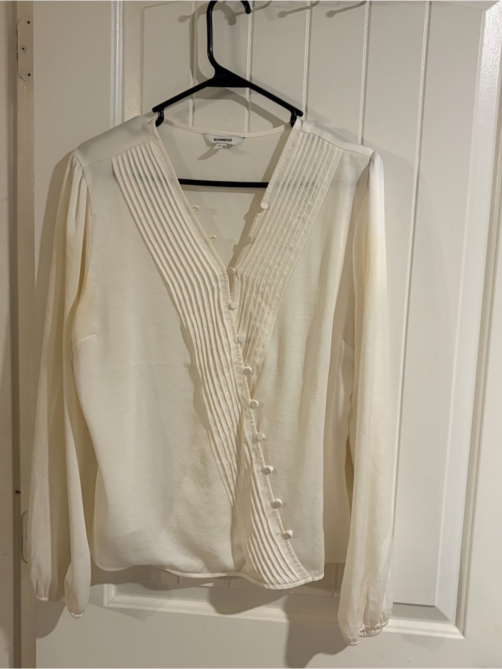 Express Cream Pintuck V-Neck Button Blouse